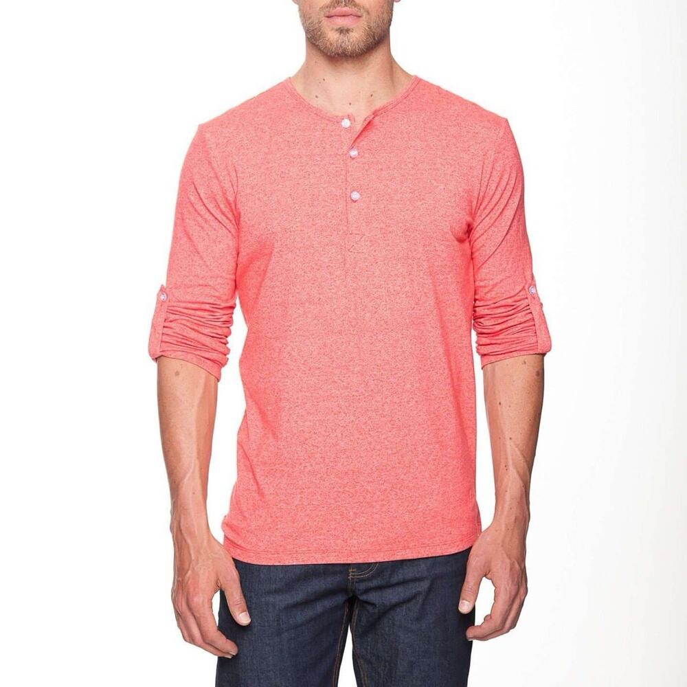 Mizzen + Main Shirt Mens Small Henley Tolowa Red Trim Fit Roll Tab Sleeve